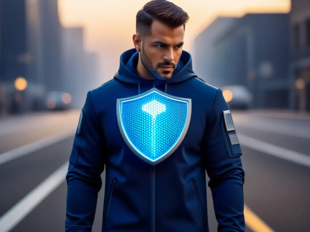 Un escudo digital futurista en tonos metálicos y azules, simbolizando la seguridad cibernética en cruceros