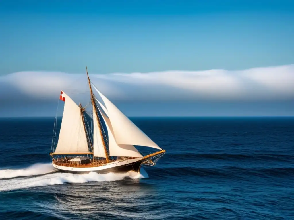 Escultura minimalista de un barco navegando en olas agitadas, en mármol blanco detallado, bajo cielo azul