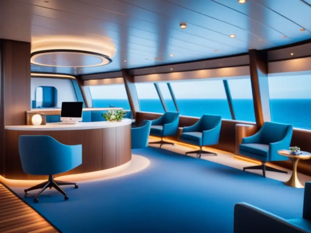 Un espacio de coworking minimalista en un lujoso crucero, con vista al mar y decoración elegante