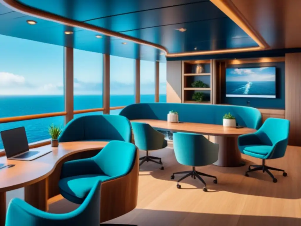 Espacio de coworking moderno en un crucero de lujo con vista al mar, ambiente minimalista y mobiliario ergonómico