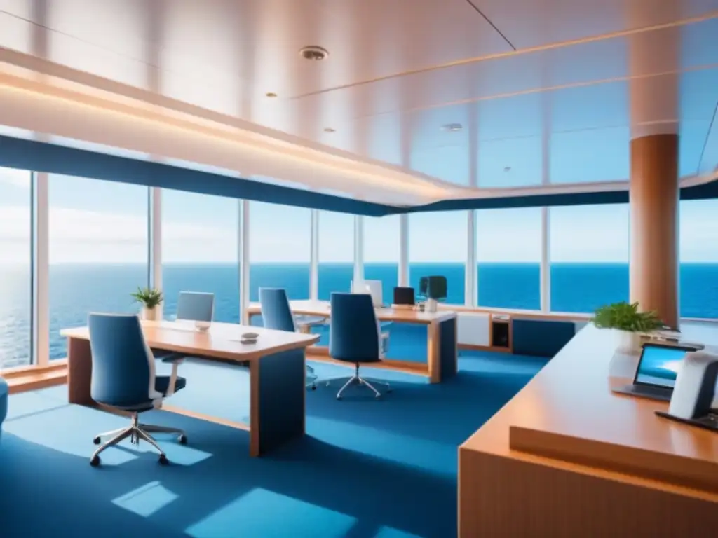 Un espacio de coworking moderno en un crucero de lujo, con equipos tecnológicos y vistas al mar