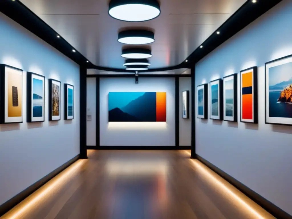 Espacio elegante de galería de arte en crucero de lujo, con obras contemporáneas y coloridas