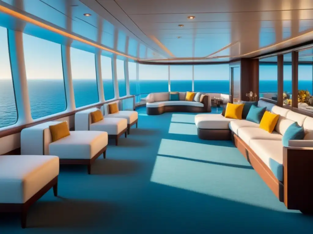 Elegante interior de crucero de lujo: diseño sereno con vista al mar Espacio exclusivo en crucero de lujo con diseño elegante y ambiente sereno