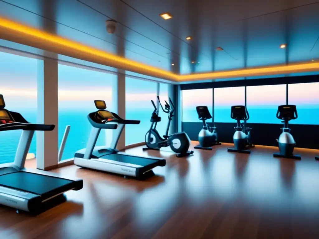 Espacio fitness en crucero de lujo con equipo moderno y vistas al mar, ideal para ejercitarse