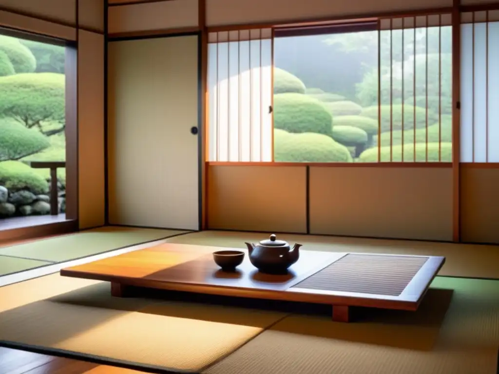 Espacio de té japonés tradicional con tatamis, puertas shoji y decoración minimalista, ideal para cenas temáticas orientales cruceros