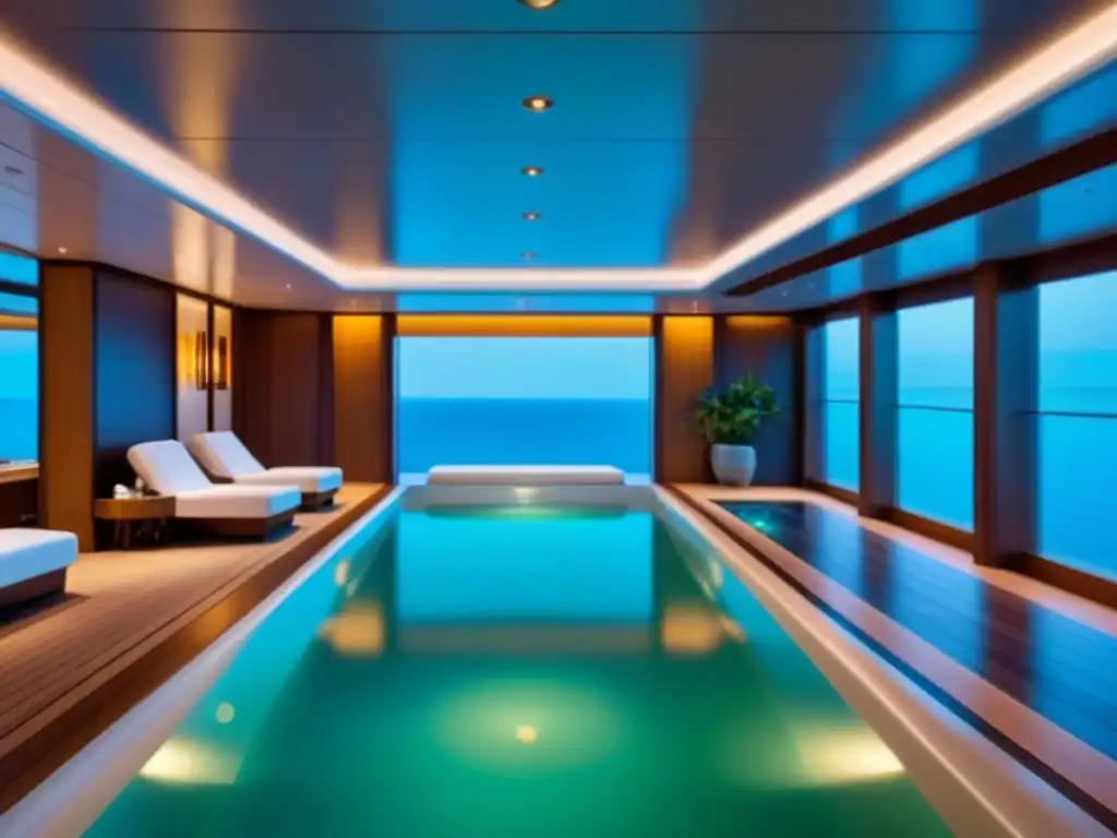 Espacio de relajación en crucero de lujo con diseño minimalista y piscina interior rodeada de vegetación exuberante