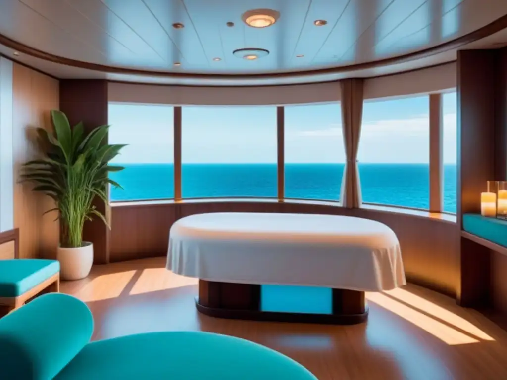 Spa de lujo en crucero: relájate con vistas al mar Espacio sereno en crucero: decoración minimalista, tonos suaves, planta grande, mesa de masajes y ventana panorámica al océano