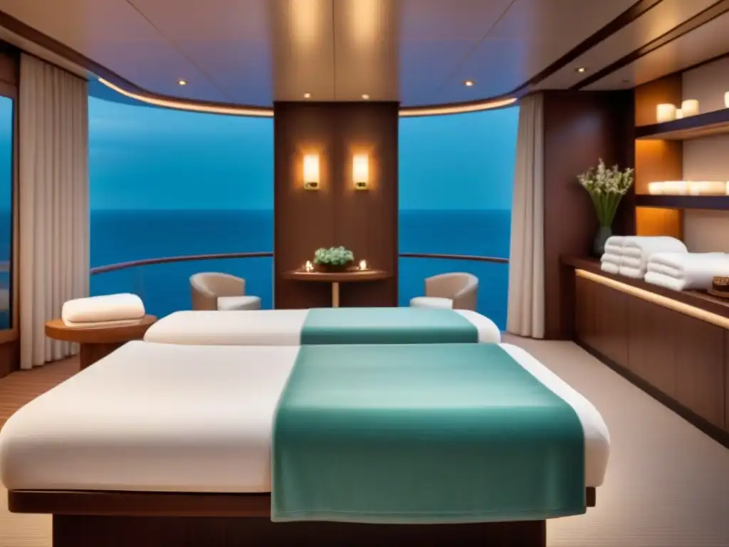 Espacio sereno y minimalista para capacitación personal spa cruceros en lujoso barco, con toallas apiladas y luz de velas