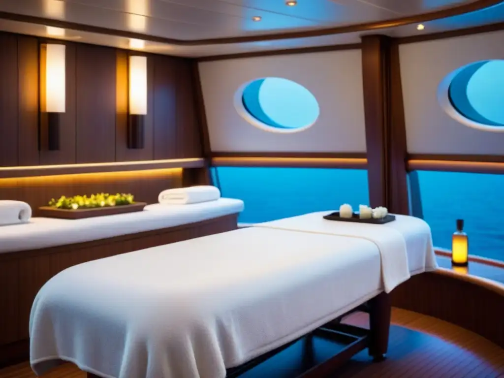 Espacio sereno de spa en crucero, con iluminación suave, mesa de masajes, toalla blanca, flores frescas y esencias relajantes