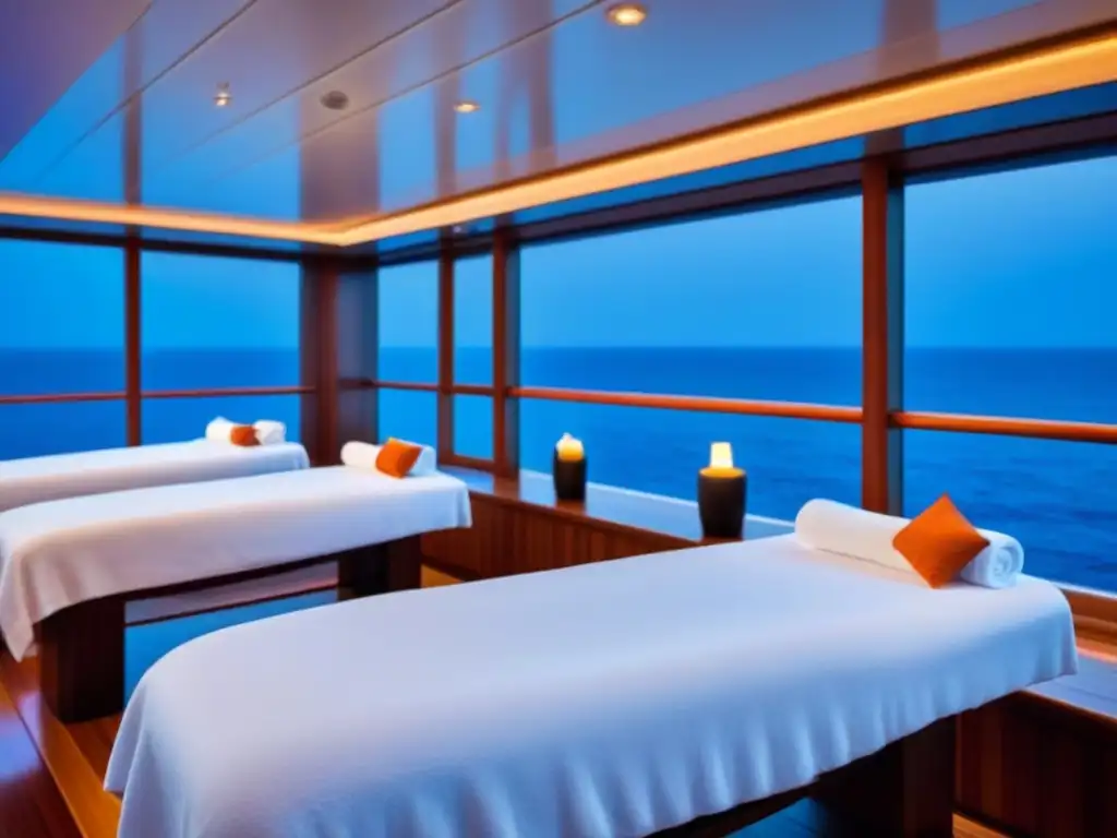 Espacio de spa en crucero: elegancia y tranquilidad con toallas blancas, mesas de masaje y vista al mar al atardecer