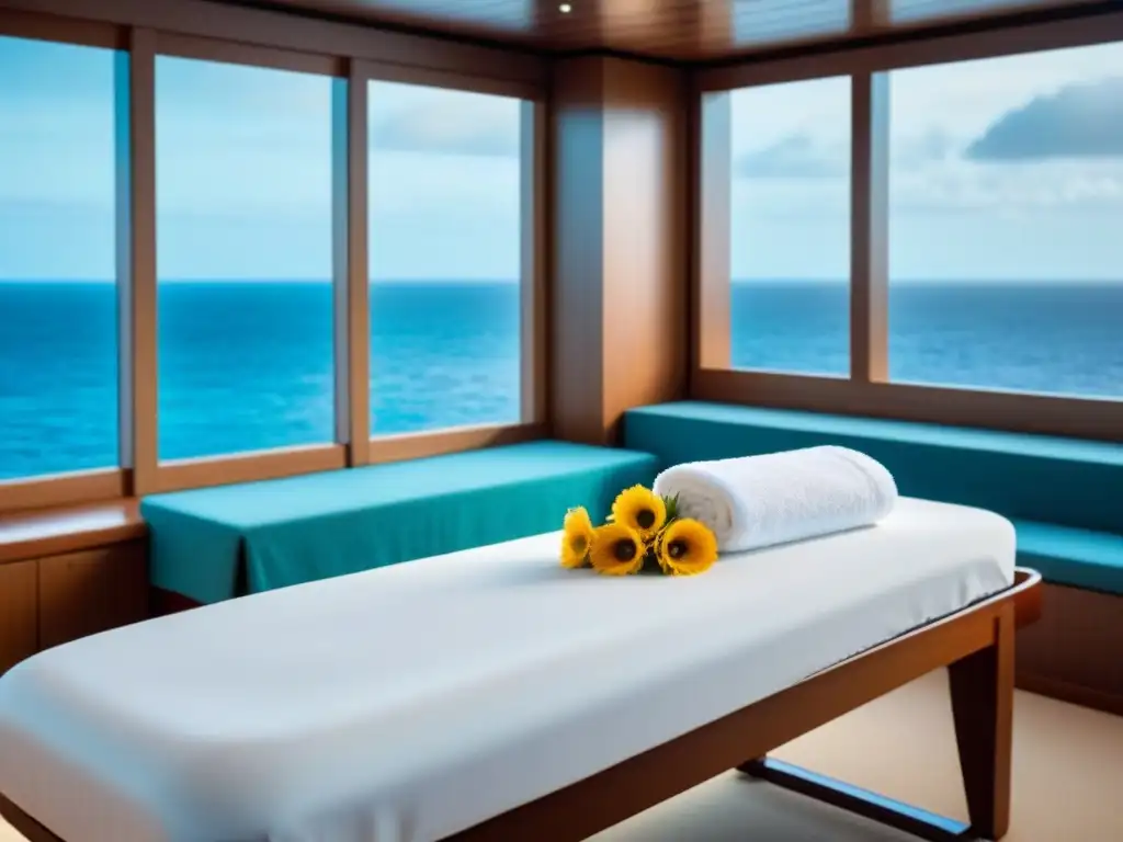 Espacio de spa en crucero de lujo con mesa de masajes, toalla blanca, flores frescas y vista al mar