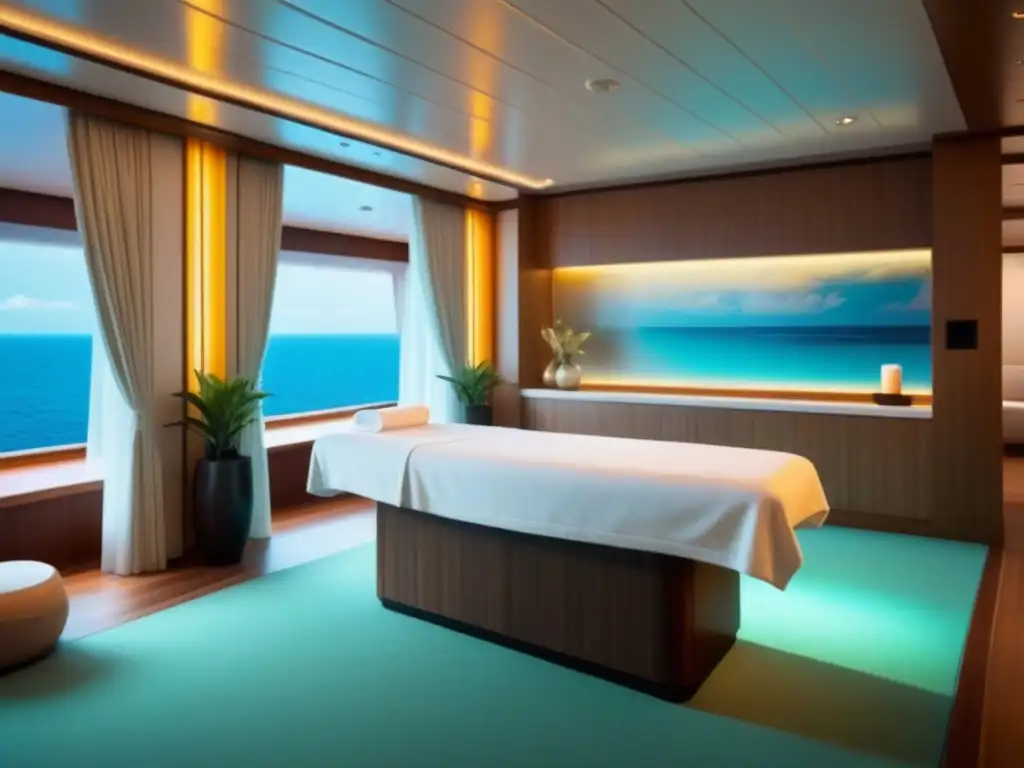 Espacio de spa en crucero: diseño minimalista y relajante, con plantas verdes y luz suave