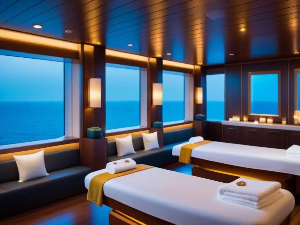 Espacio de spa exclusivo en crucero con diseño moderno, toallas blancas y mesas de masaje de madera frente al mar