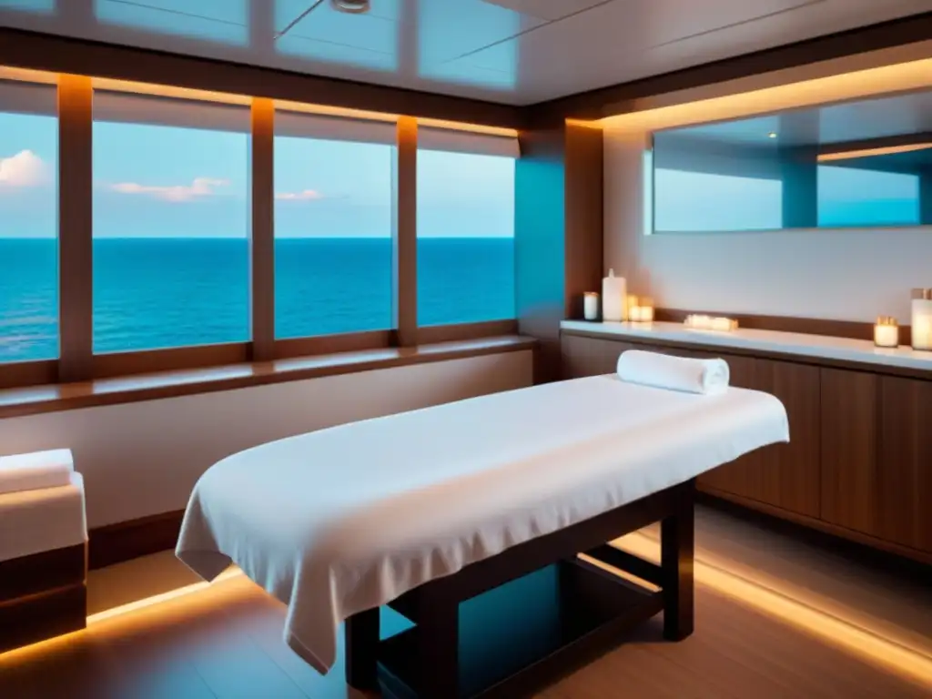 Espacio de spa de lujo en crucero: mesa blanca con toalla, productos orgánicos, ventana con vista al mar al atardecer