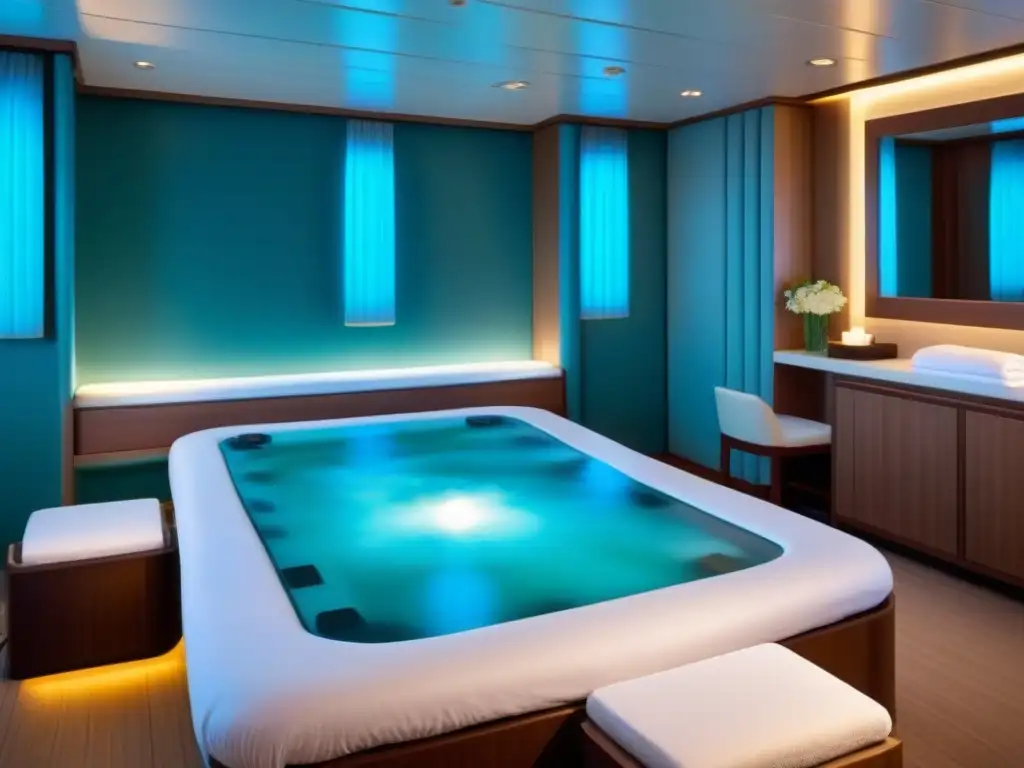 Espacio de spa minimalista en crucero: mesa de masaje, colores tranquilos y ambiente relajante