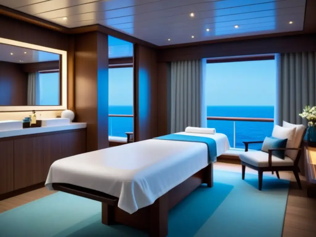 Espacio de spa relajante en crucero con decoración minimalista, tonos neutros y terapias holísticas en cruceros