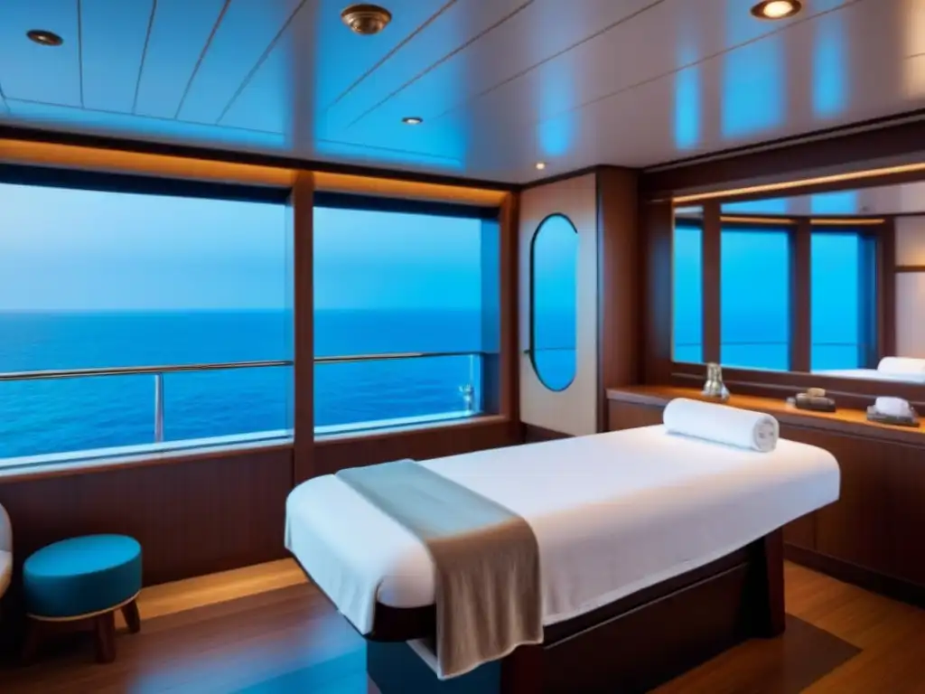 Espacio spa sereno en un crucero, con diseño minimalista y luz ambiental, ideal para relajación