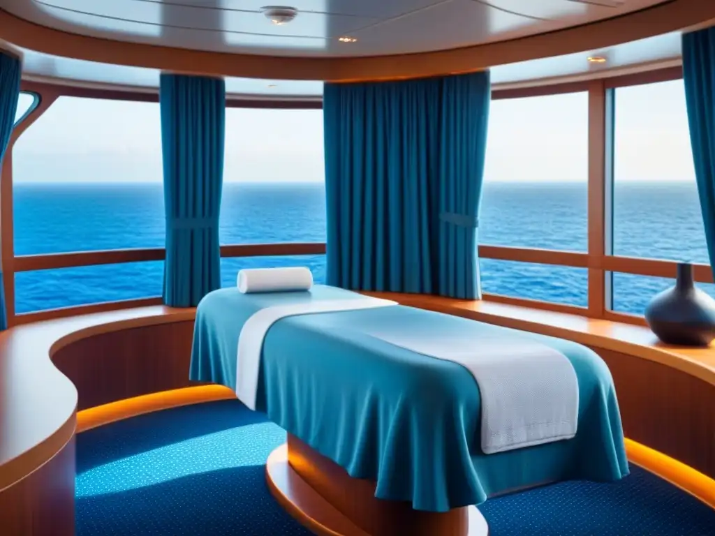 Un espacio de spa sereno en un crucero de lujo, con diseño moderno y decoración minimalista en tonos blancos y azules