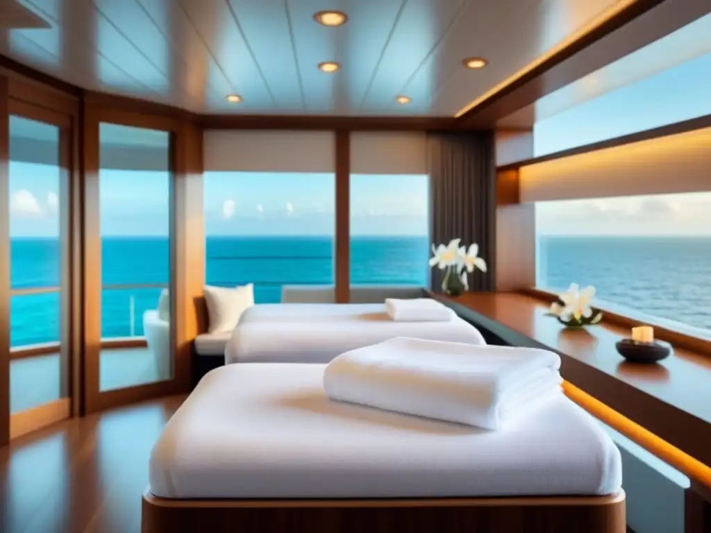 Espacio de spa sereno en un crucero de lujo con diseño moderno, vista al mar, decoración minimalista, toallas blancas y orquídeas frescas