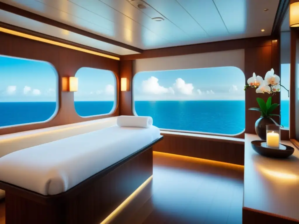 Espacio spa sereno en crucero de lujo con diseño minimalista, iluminación ambiental y vista al mar