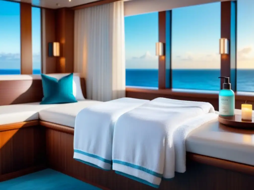 Espacio spa sereno en crucero de lujo con toallas blancas, productos de skincare y vista al mar