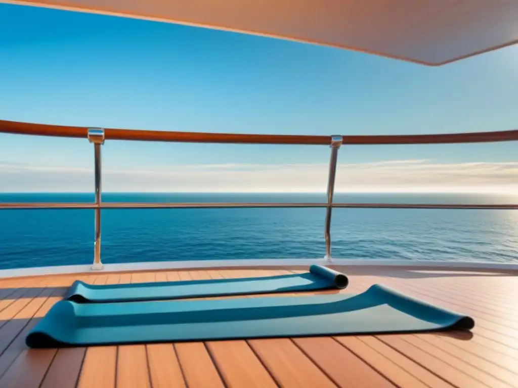 Un espacio de yoga sereno en un crucero, con paleta de colores calmantes y vista al mar