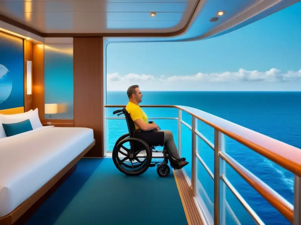 Espaciosa cabina accesible en crucero con detalles de confort y vista al mar