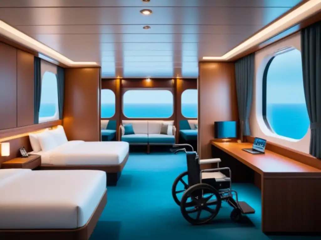 Espaciosa cabina de crucero accesible en silla de ruedas con diseño moderno y tonos neutros para viaje inclusivo