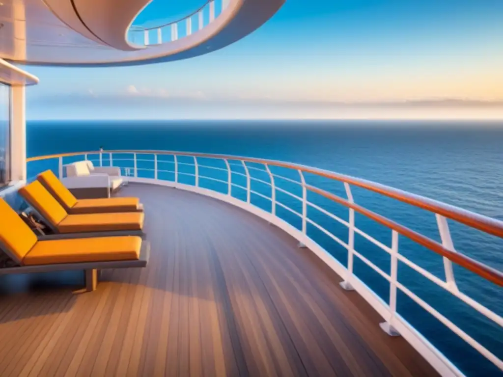 Deck de crucero moderno y sereno con vista panorámica al mar Espaciosa cubierta de crucero con diseño minimalista y confortables tumbonas, vista al mar y cielo azul