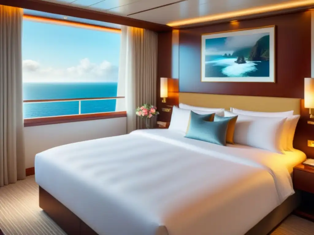 Espaciosa suite en crucero de lujo con diseño moderno, baño de mármol blanco, cama king size y balcón privado con vista al mar