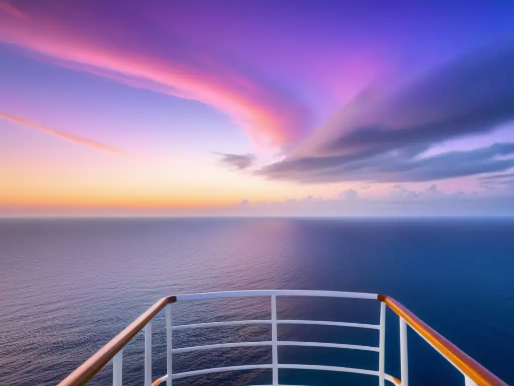 Espectacular amanecer sobre el océano desde un crucero, reflejando colores pastel en el agua