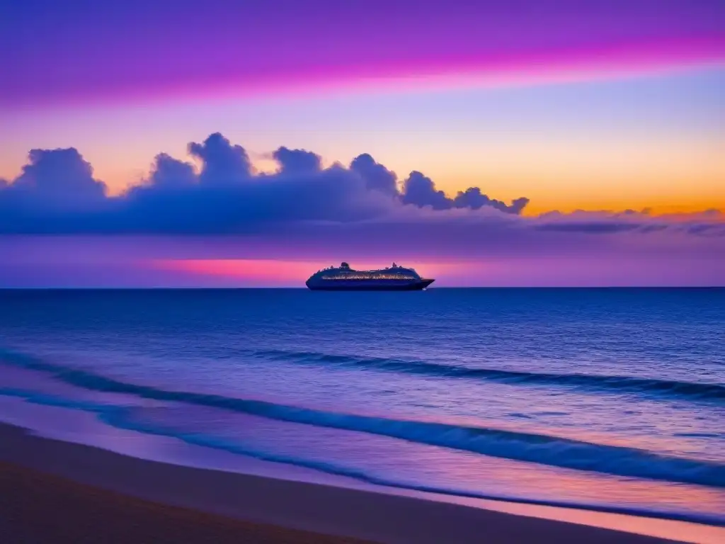 Espectacular atardecer sobre el mar, con un crucero al fondo