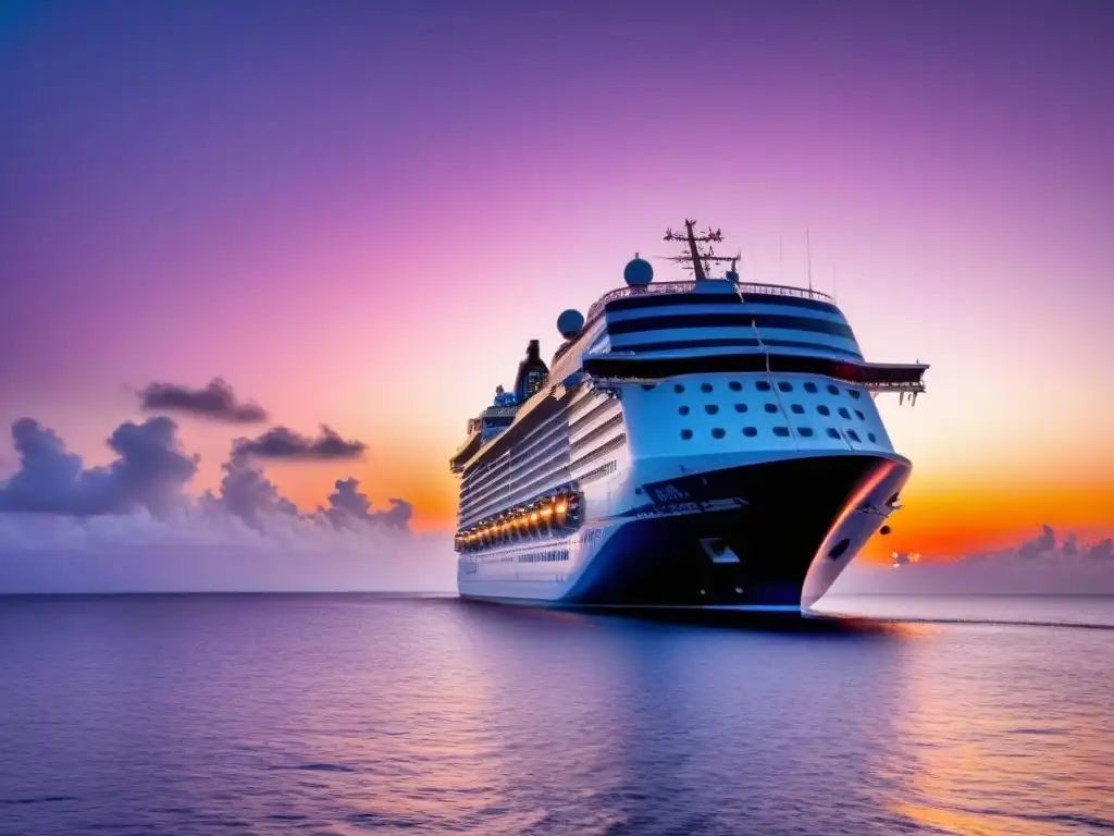 Espectacular atardecer sobre el mar Caribe con un crucero al fondo, reflejando la magia del viaje