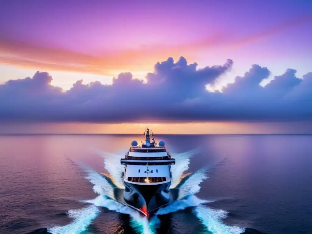 Puesta de sol romántica en crucero exclusivo Espectacular atardecer en el mar con crucero elegante al fondo