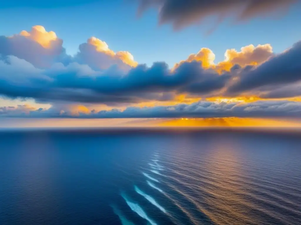 Espectacular atardecer sobre el océano, iluminando un crucero moderno