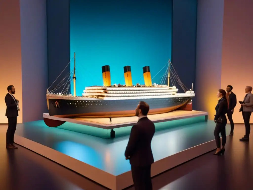 Espectacular exposición del naufragio del Titanic en una sala iluminada, detallada y emocionante con visitantes maravillados