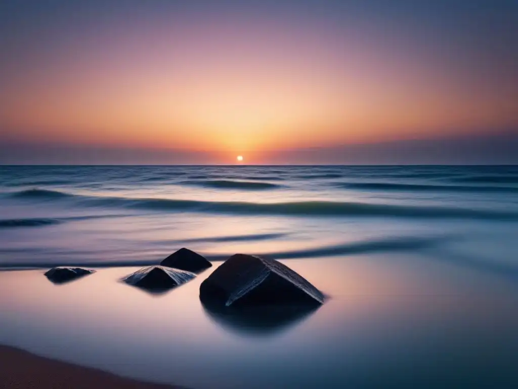 Espectacular fotografía de paisajes marinos al atardecer, reflejando la belleza serena del mar y el cielo en armonía