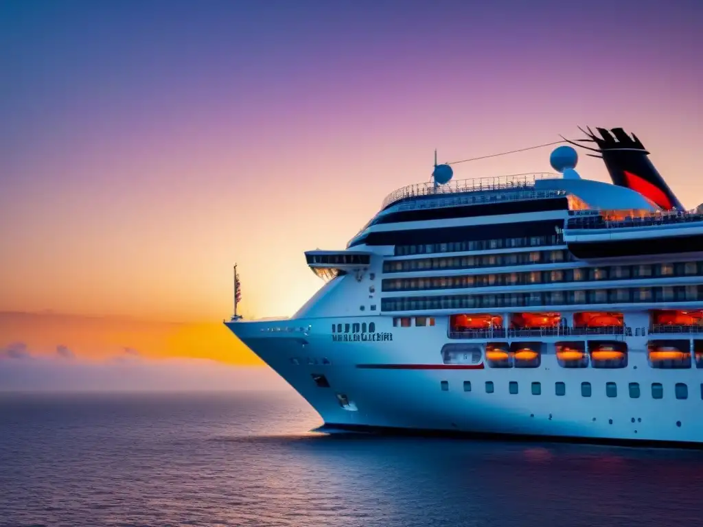 Espectacular Fotografía profesional en cruceros: silueta elegante de un barco moderno en un atardecer vibrante