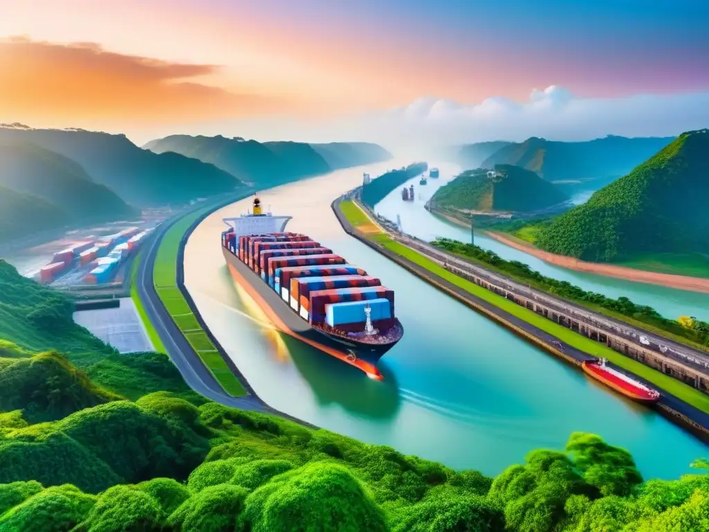 Espectacular vista del Canal de Panamá al atardecer con un barco pasando por las esclusas, reflejando el cielo anaranjado en el agua