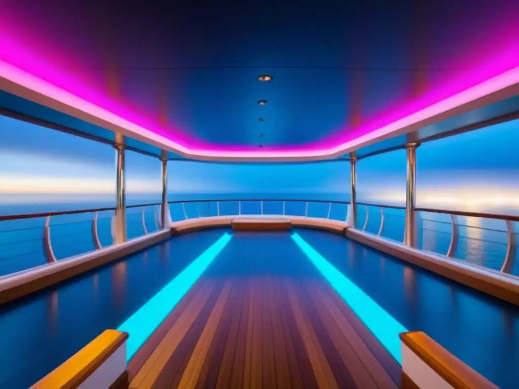 Espectáculo exclusivo en crucero de lujo: cubierta nocturna iluminada por deslumbrantes luces de colores sobre el mar en calma