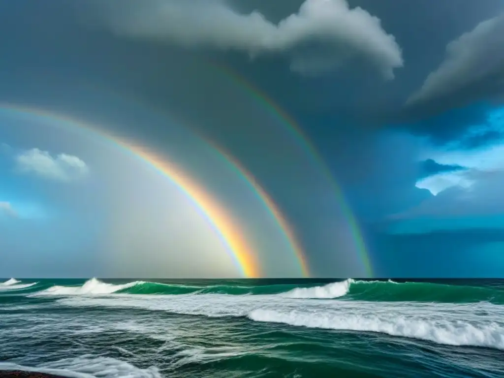 Un espectáculo natural impresionante: un vibrante arcoíris sobre un mar tormentoso