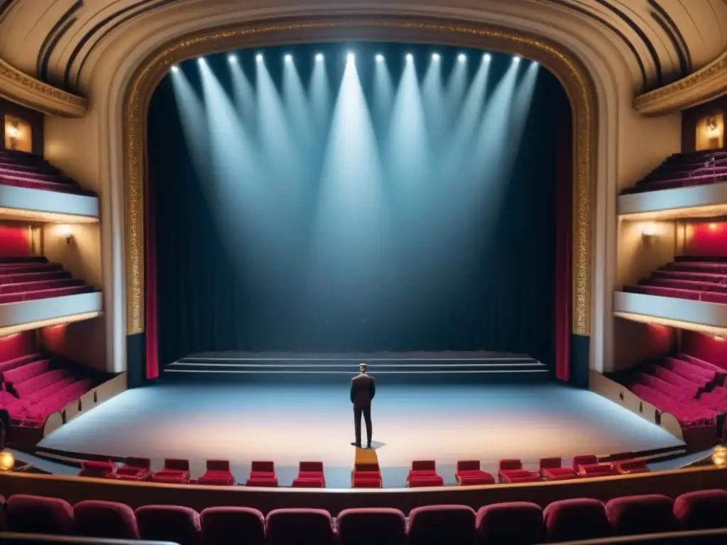 Espectáculos a bordo cruceros: escenario de teatro en crucero, iluminado por cálidos focos, listo para una actuación histórica cautivadora