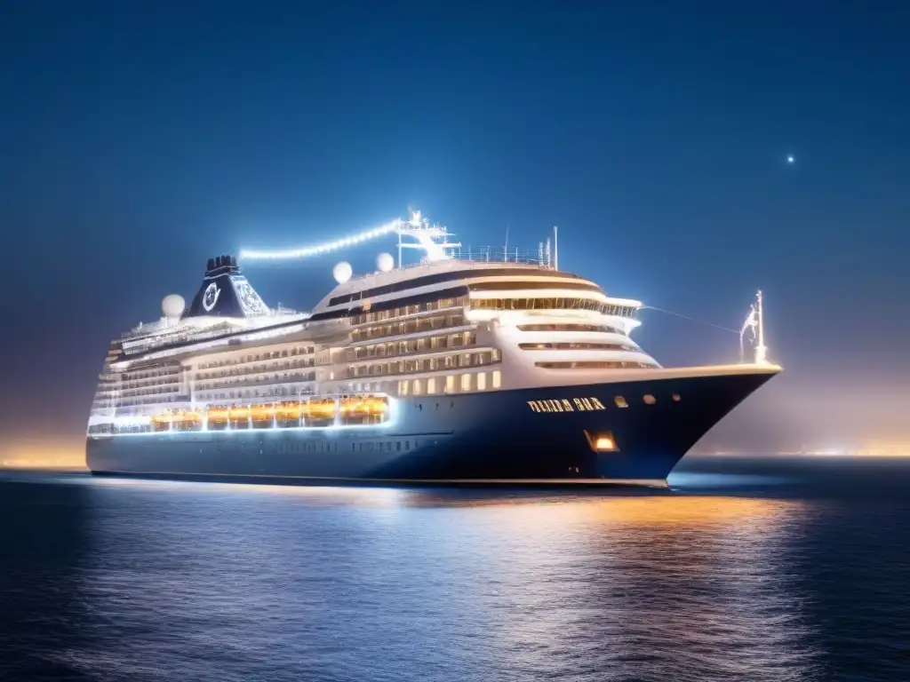 Espectáculos exclusivos cruceros marítimos: Silueta elegante de un lujoso crucero iluminado por luces brillantes en la noche estrellada