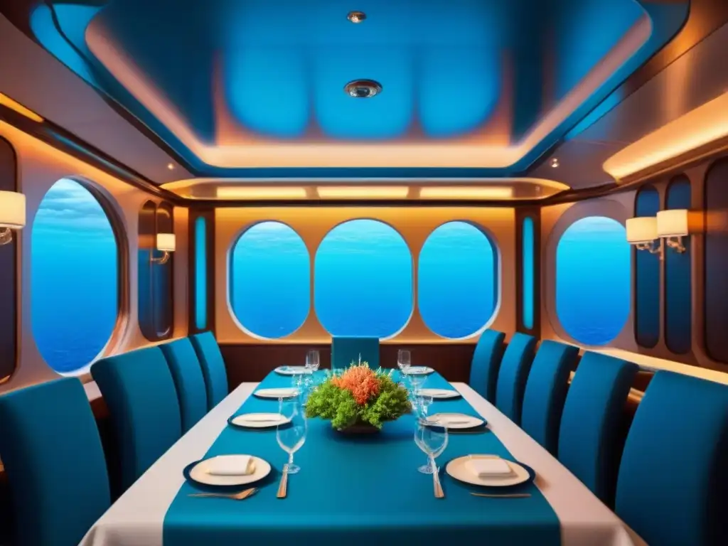 Espléndido restaurante temático en crucero recrea un mundo submarino con luces azules y decoración de coral y criaturas marinas