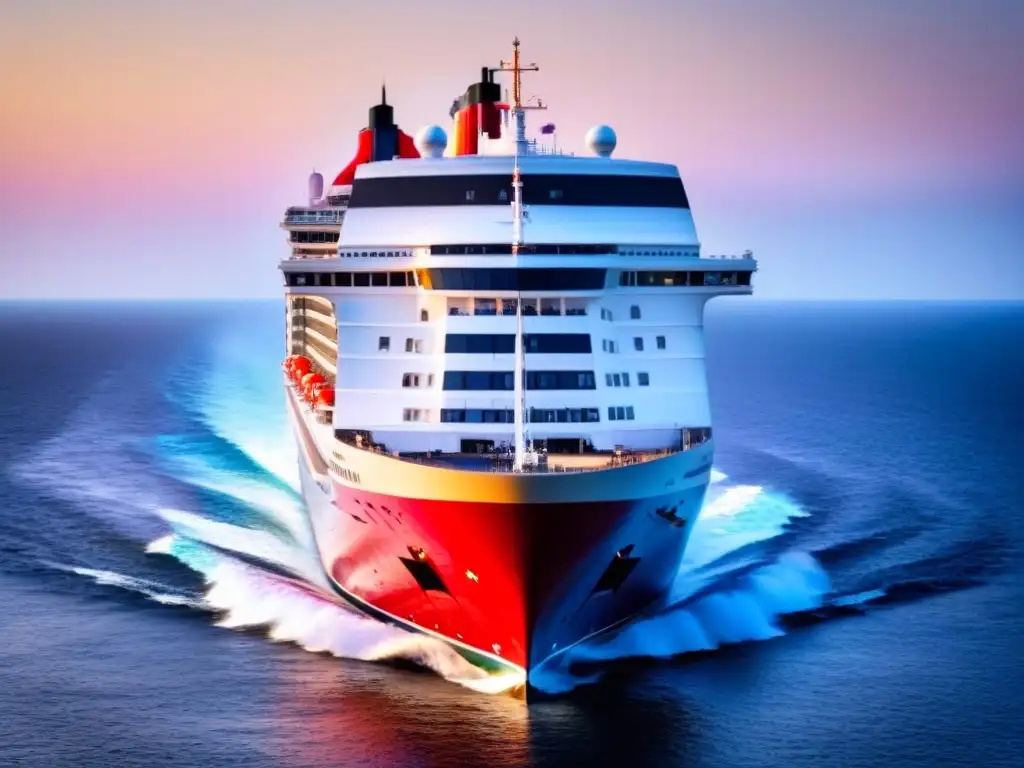 Estética de cruceros icónicos: el Queen Mary 2 corta elegante el océano al atardecer en tonos naranjas y rosas