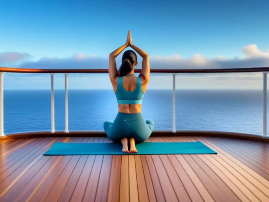 Yoga matutino en cubierta de crucero al amanecer Estilo de vida saludable en cruceros: Amanecer sereno en cubierta con yoga al mar