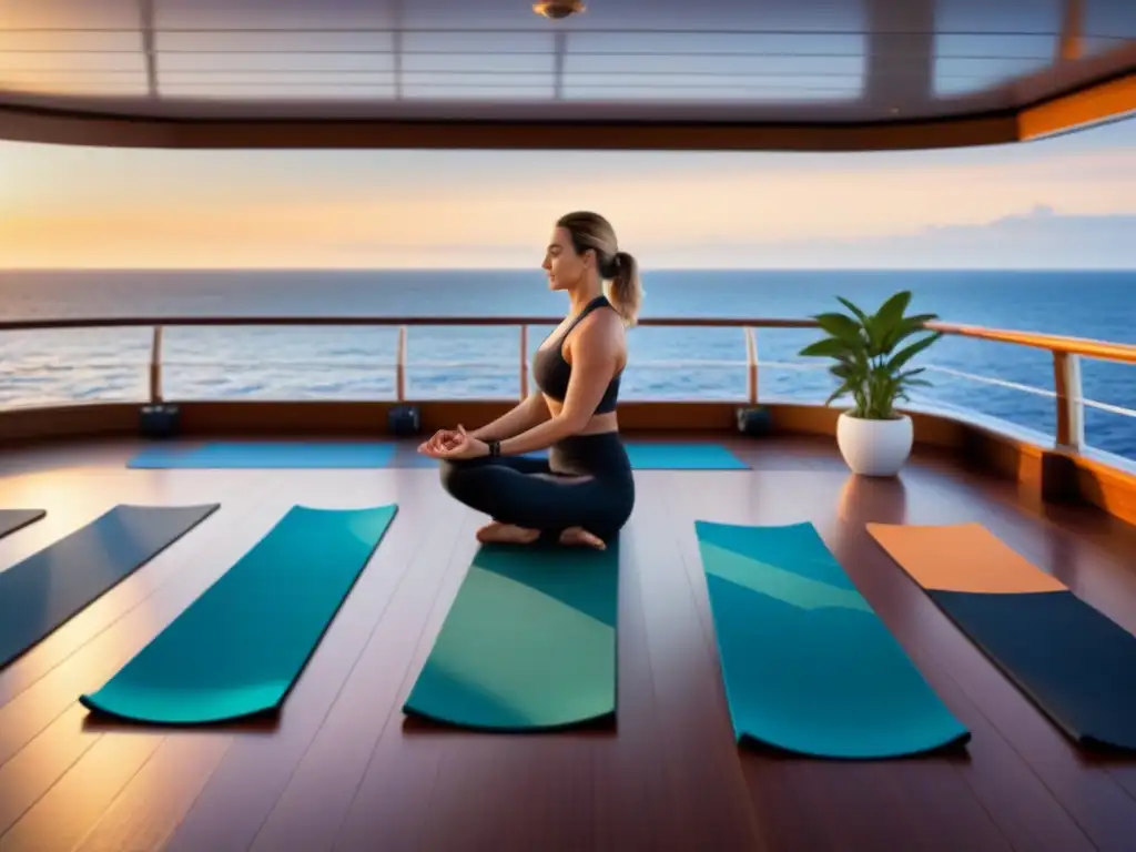 Práctica de diferentes estilos de yoga en un deck de crucero con vista al mar al atardecer