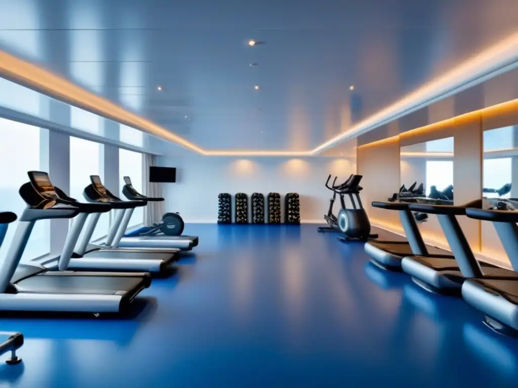 Un estudio de fitness minimalista en un crucero de lujo con equipamiento moderno y diversidad en una clase activa