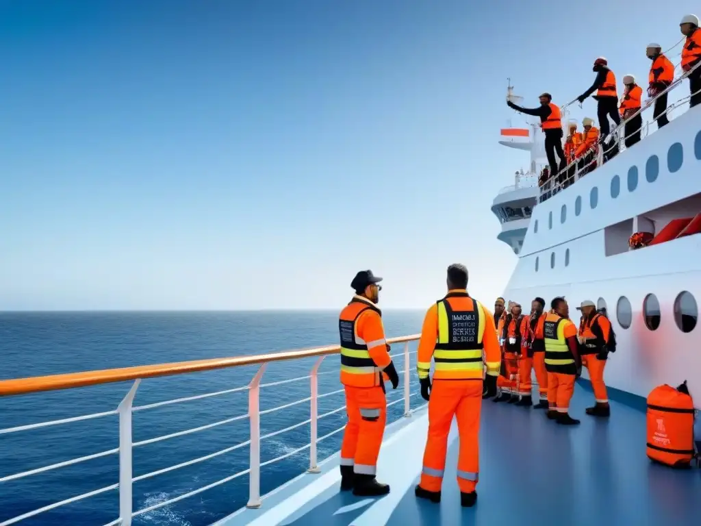 Una evacuación de emergencia en crucero: tripulación y pasajeros preparados bajo el cielo azul