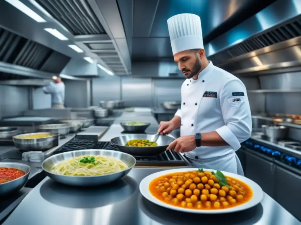 Evento gastronómico en crucero de lujo: chefs preparan exquisitas recetas en cocina reluciente